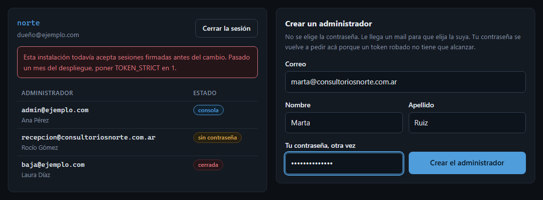 La lista de administradores y el formulario Crear un administrador