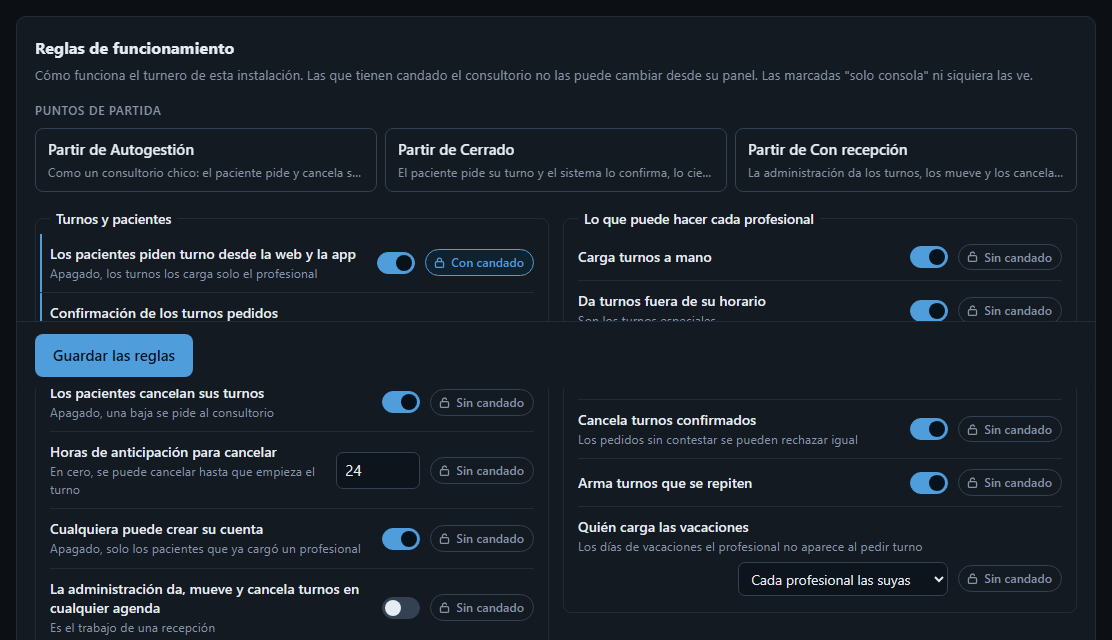 Las reglas de funcionamiento con los puntos de partida y los candados